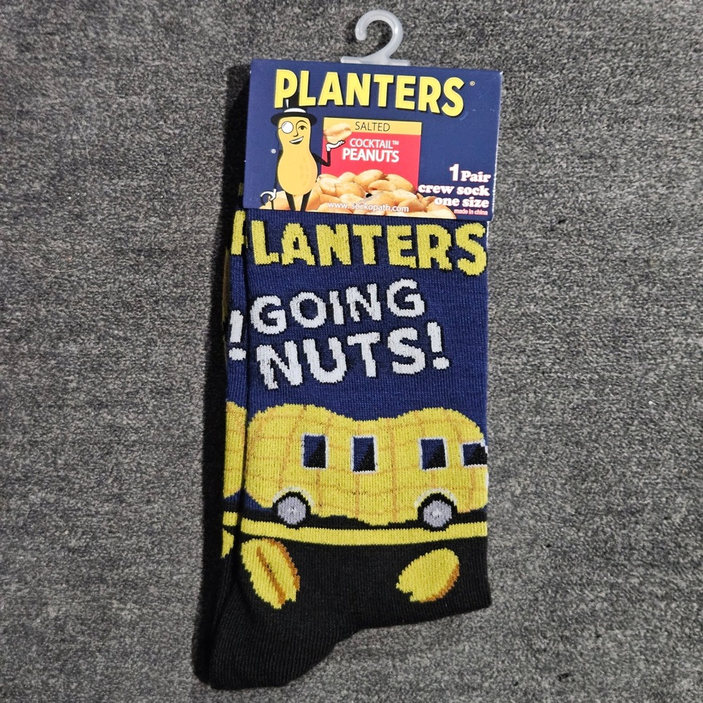 Planters Mr Peanut Going Nuts Crew Socks Mens One Size Navy Blue NUTmobile NEW